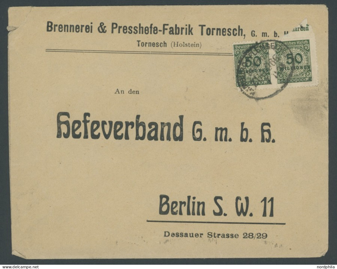 Dt. Reich 321B BRIEF, 1923, 50 Mio.M. Schwärzlicholivgrün, Durchstochen, 28x Als Mehrfachfrankatur Auf Brief Aus TORNESC - Lettres & Documents
