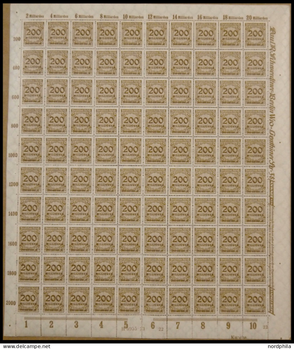 Dt. Reich 323Aa,W , 1923, 200 Mio. M. Ockerbraun, Plattendruck HAN 5955.23 Und Walzendruck, Je Im Bogen (100), Postfrisc - Autres & Non Classés