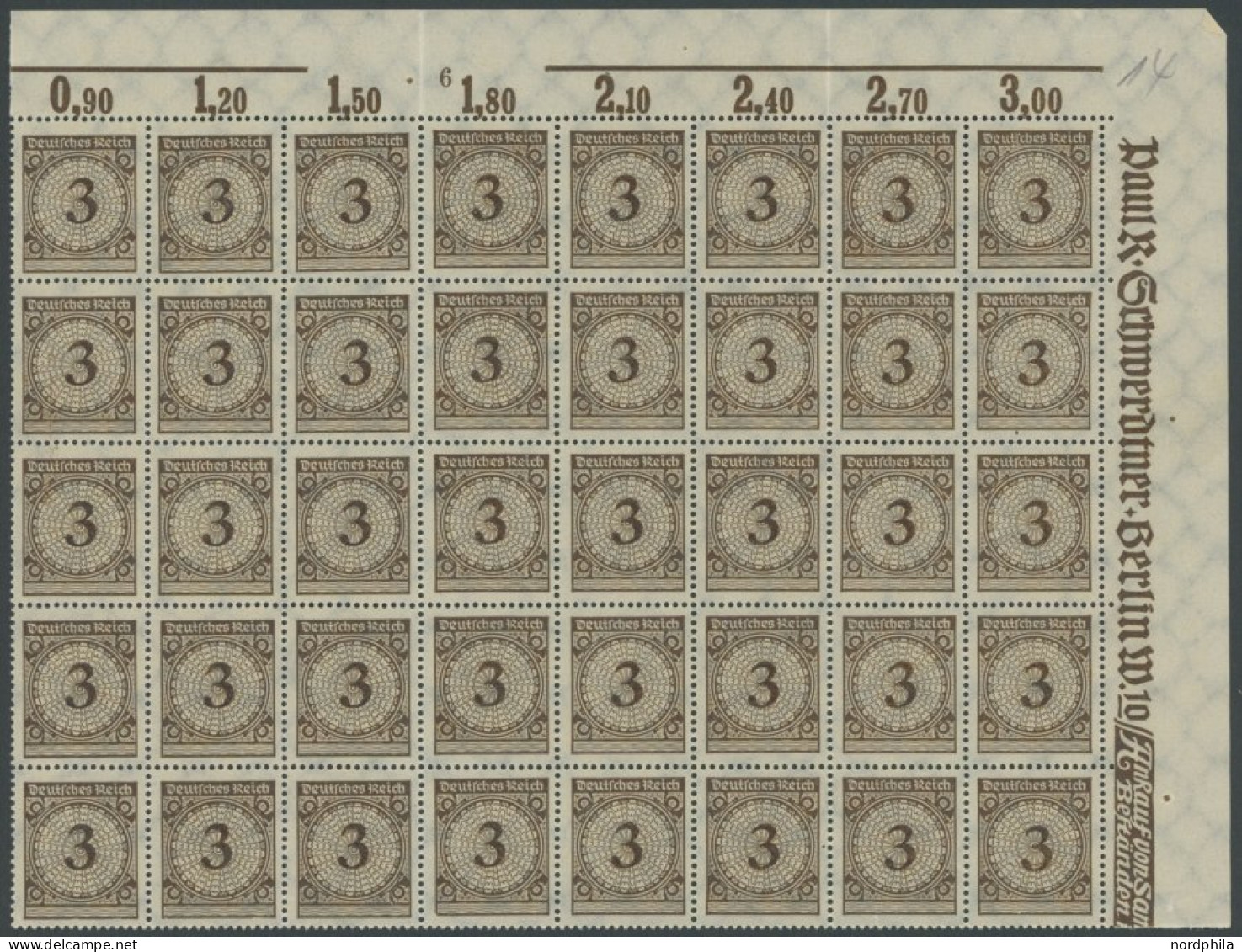 Dt. Reich 338aP , 1923, 3 Pf. Dunkelorangebraun, Oberrandbogenteil Mit 40 Werten, Dabei Feld 13 Und 18 Mit Korbdeckelspr - Neufs