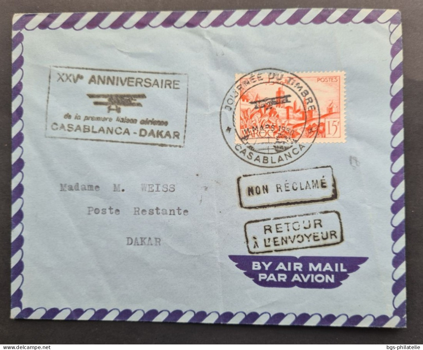 MAROC,  Timbre Numéro 262A Sur Lettre Avec Griffe 25ème Anniversaire De La 1ère Liaison Aérienne CASABLANCA  - DAKAR. - Briefe U. Dokumente