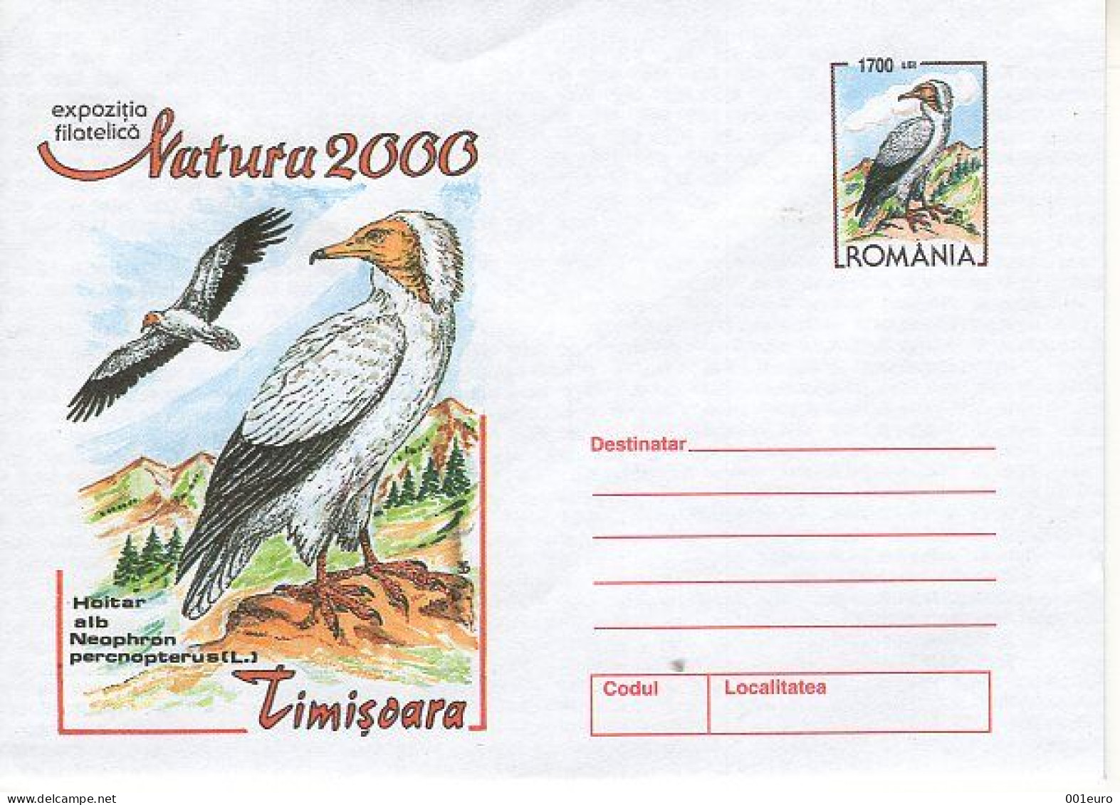 ROMANIA 154x2000: BIRD, EGYPTIAN VULTURE, Unused Prepaid Postal Stationery Cover - Registered Shipping! - Ganzsachen