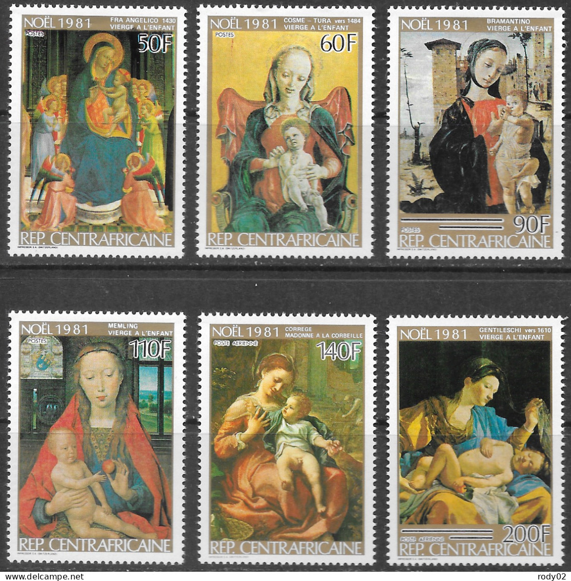 CENTRAFRIQUE - NOEL - TABLEAUX - VIERGE A L'ENFANT - N° 487 A 490 ET PA 249 A 250 - NEUF** MNH - Tableaux