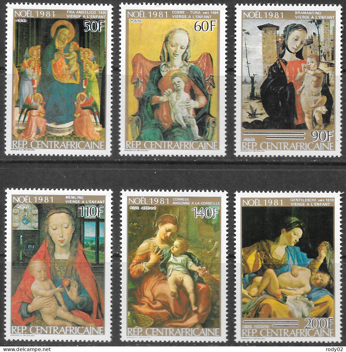 CENTRAFRIQUE - NOEL - TABLEAUX - VIERGE A L'ENFANT - N° 487 A 490 ET PA 249 A 250 - NEUF** MNH - Paintings