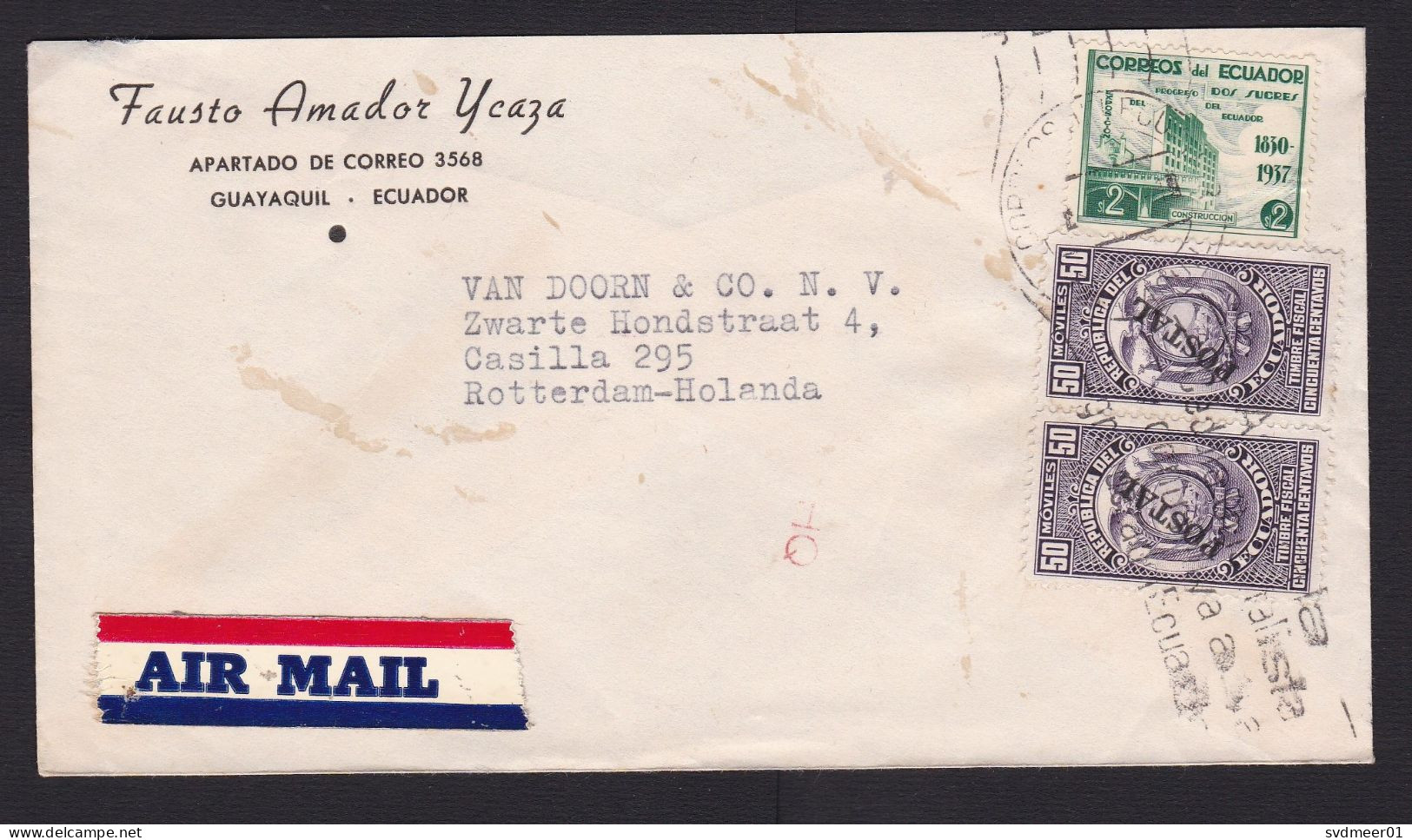 Ecuador: Airmail Cover To Netherlands, 3 Stamps, 2x Fiscal Stamp Overprint Postal, Air Label (stains, See Scan) - Ecuador