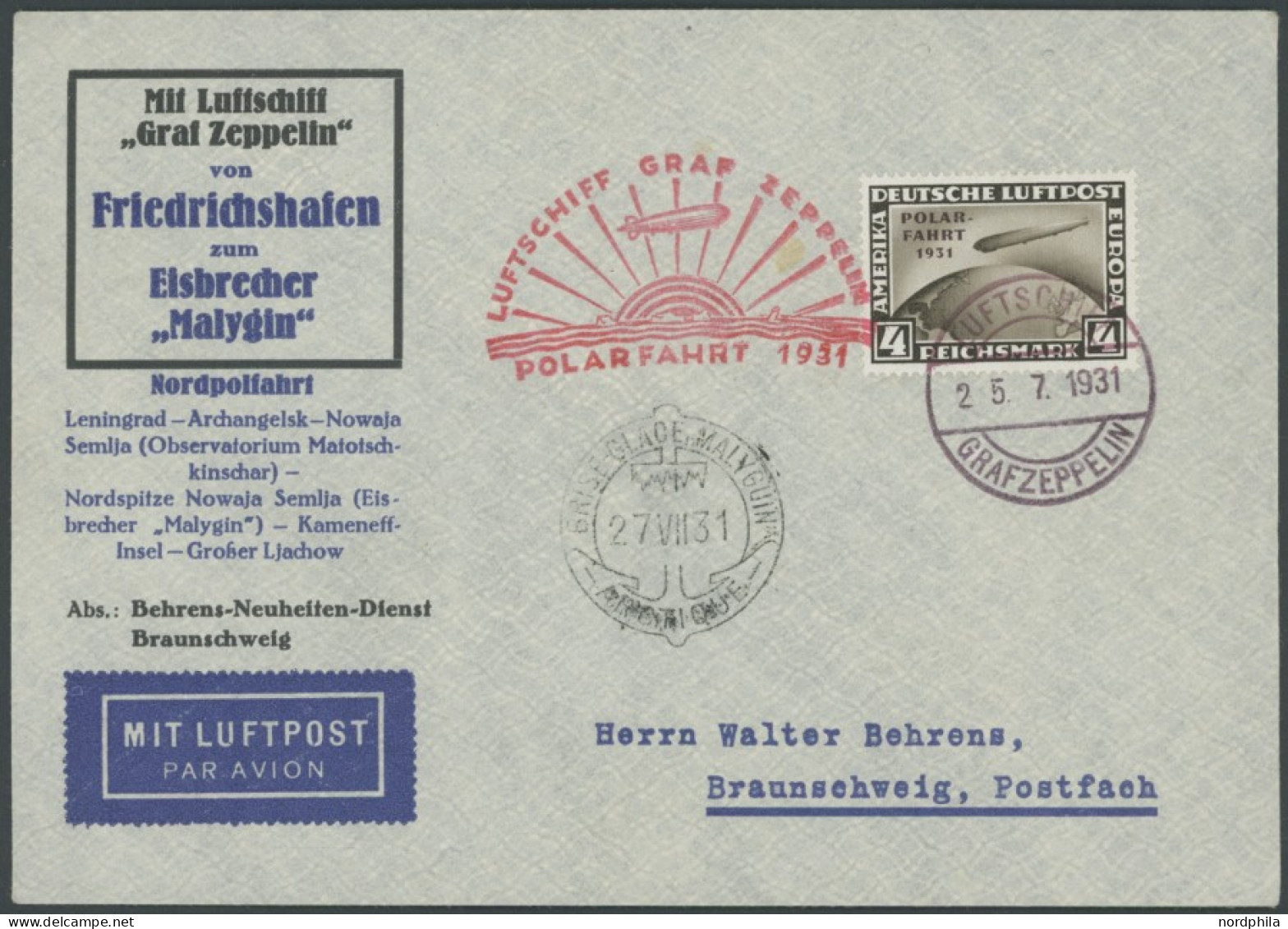 Dt. Reich 458 BRIEF, 1931, 4 RM Polarfahrt, Bordpost Nach Malyguin, Prachtbrief - Lettres & Documents