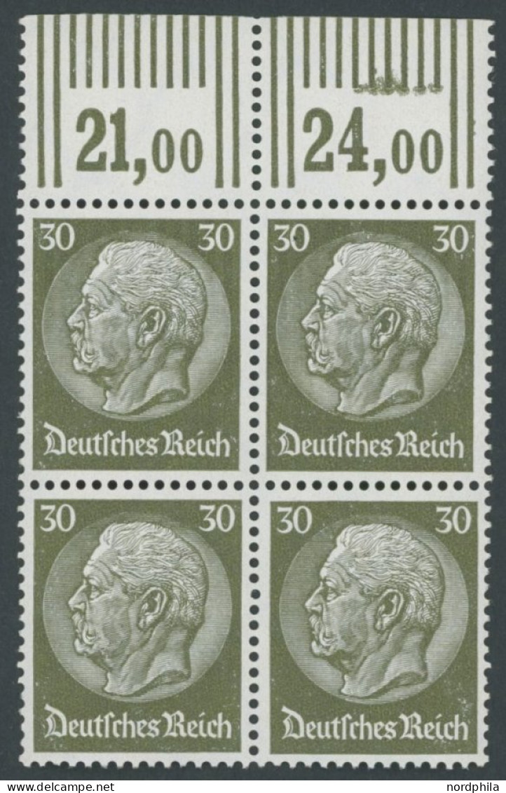 Dt. Reich 490WOR VB , 1933, 30 Pf. Hindenburg, Wz. 2, Walzendruck, Im Oberrandviererblock, Postfrisch, Pracht - Unused Stamps