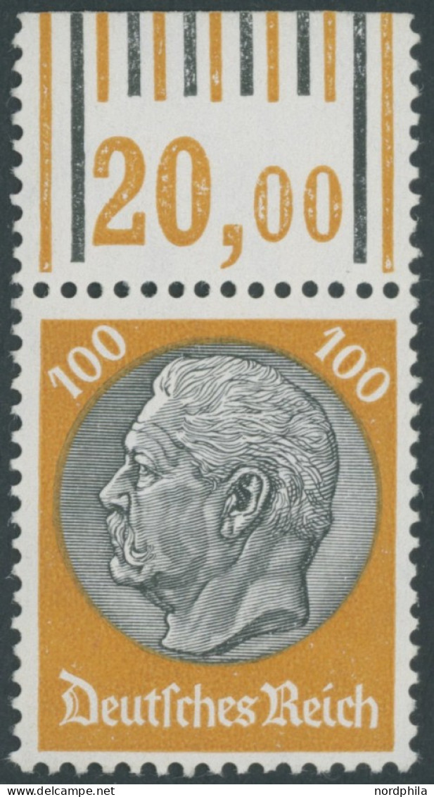 Dt. Reich 495WOR , 1933, 100 Pf. Hindenburg, Wz. 2, Walzendruck, Oberrandstück, Postfrisch, Pracht, Mi. 360.- - Unused Stamps