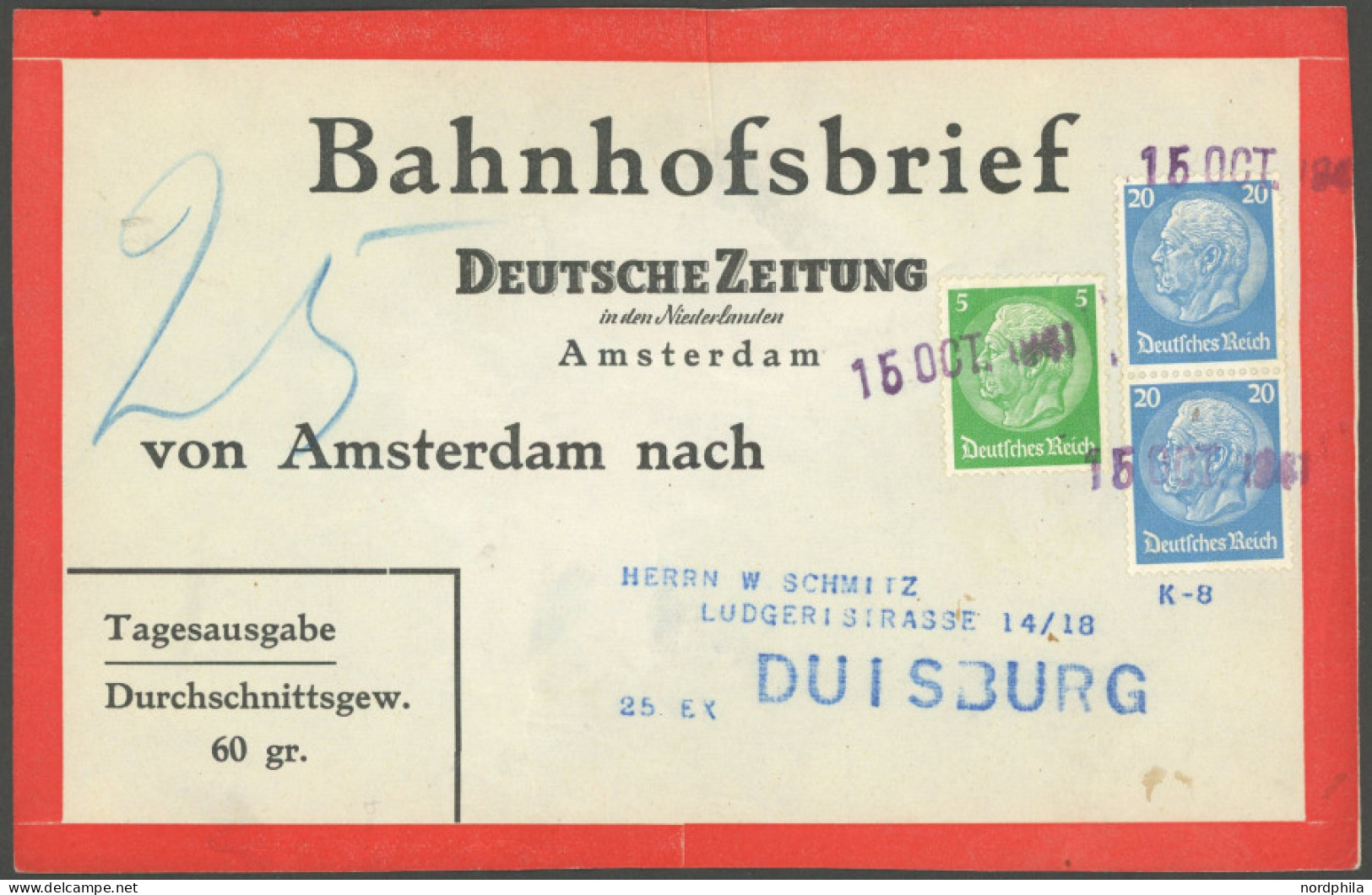 Dt. Reich 515,521 BRIEF, 1941, 4 Und 2x 20 Pf. Hindenburg Auf Bahnhofsbriefadresse Für 25 Zeitungen Je 60 Gr., Portogere - Otros & Sin Clasificación