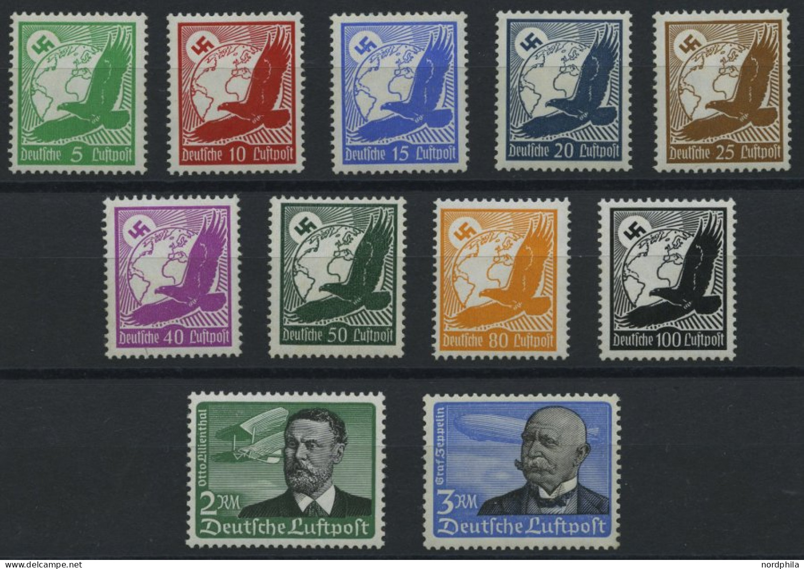 Dt. Reich 529-39x , 1934, Flugpost, Senkrechte Gummiriffelung, Prachtsatz, Mi. 750.- - Unused Stamps