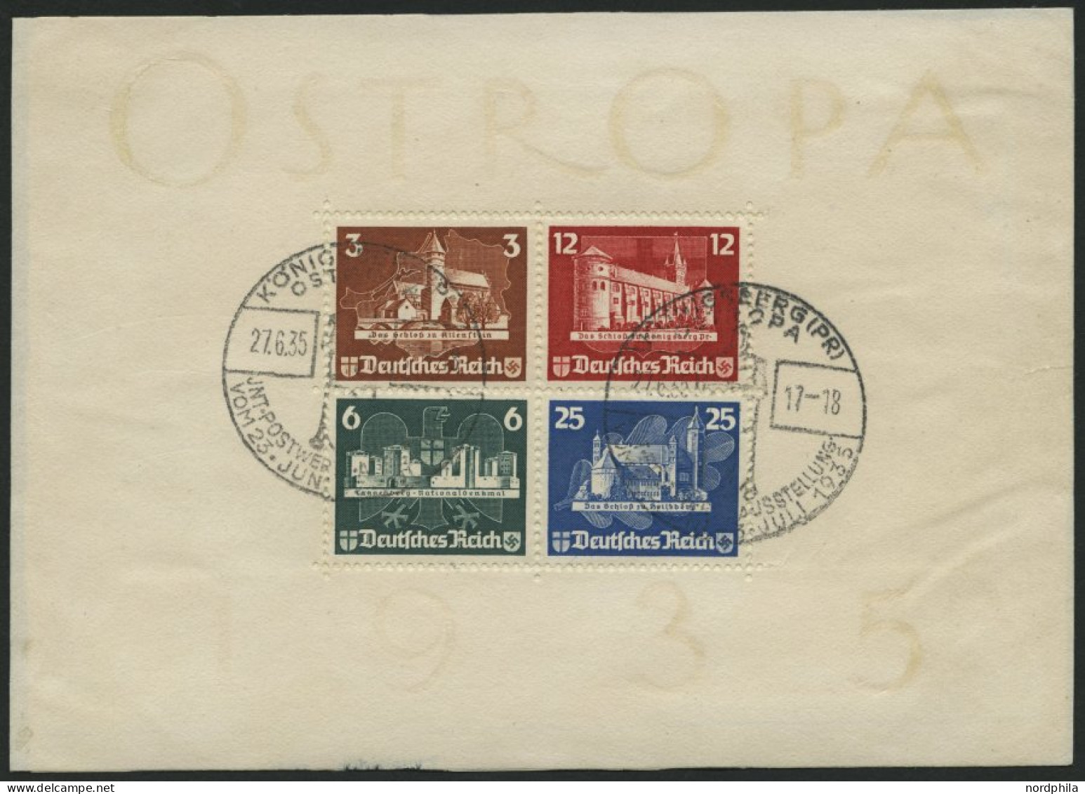 Dt. Reich Bl. 3 O, 1935, Block OSTROPA, Sonderstempel, Auf Unterlage Klebend, Rechts Verklebter Riss Sonst Pracht, Mi. 1 - Blocchi