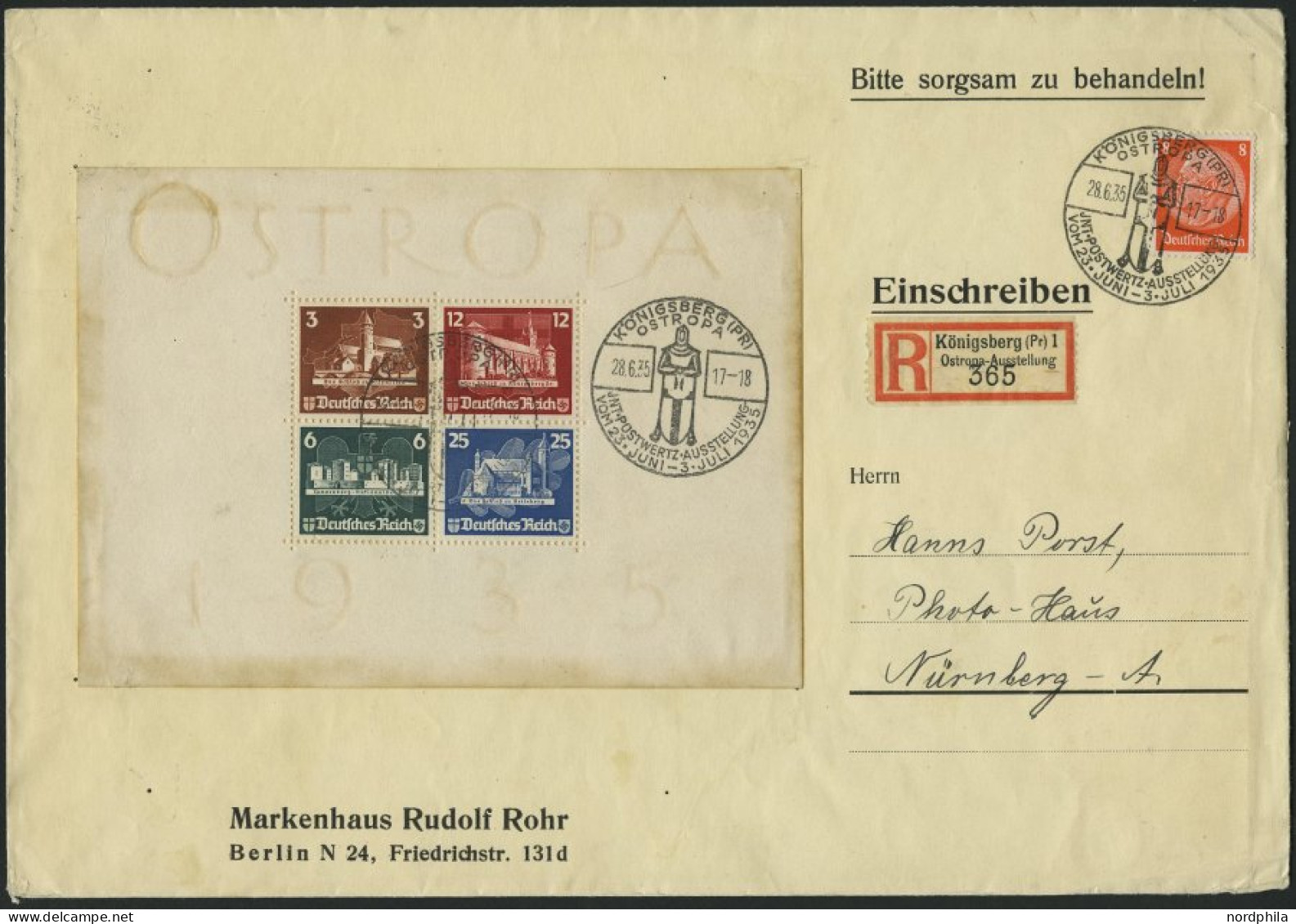 Dt. Reich Bl. 3 BRIEF, 1935, Block OSTROPA Mit Sonderstempel Und 8 Pf. Zusatzfrankatur Auf Einschreibbrief, Sonderstempe - Covers & Documents