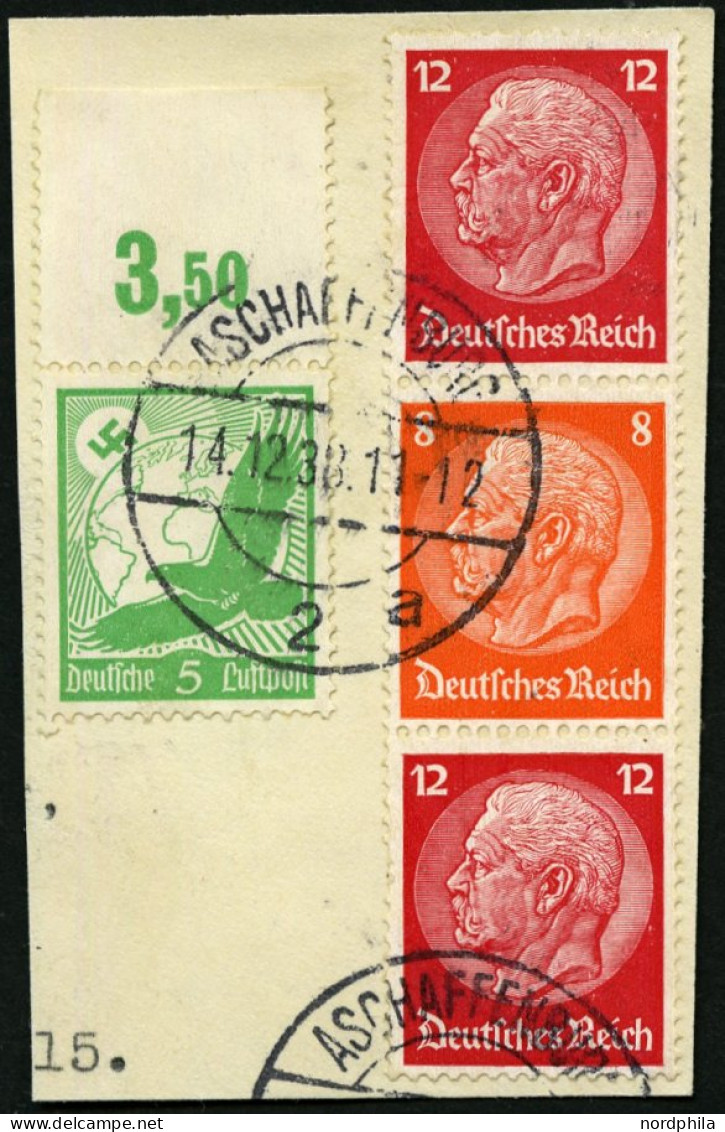 ZUSAMMENDRUCKE S 111 BrfStk, 1933, Hindenburg 12 + 8 + 12 Mit Zusatzfrankatur Auf Briefstück, Pracht, Mi. 120.- - Se-Tenant