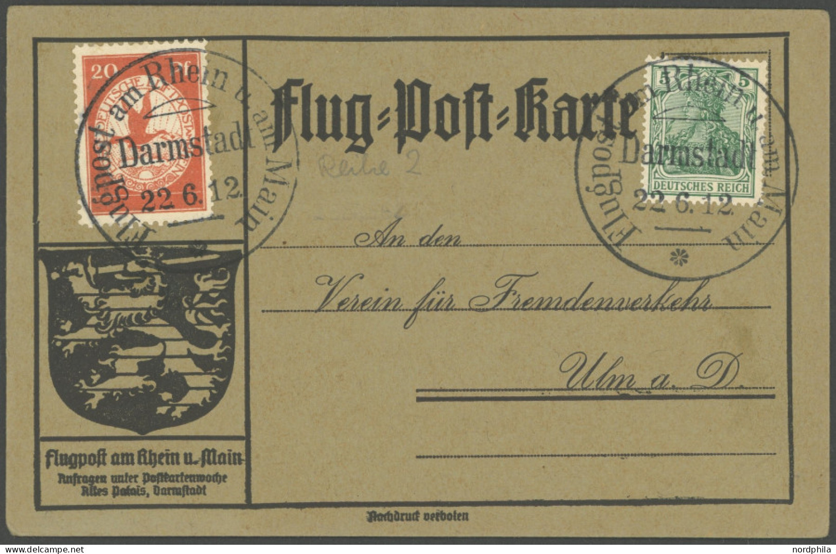 ZEPPELINPOST 11DA BRIEF, 1912, 20 Pf. Flp. Am Rhein Und Main Mit 5 Pf. Zusatzfrankatur Auf Flugpostkarte Mit Werbung Sch - Correo Aéreo & Zeppelin