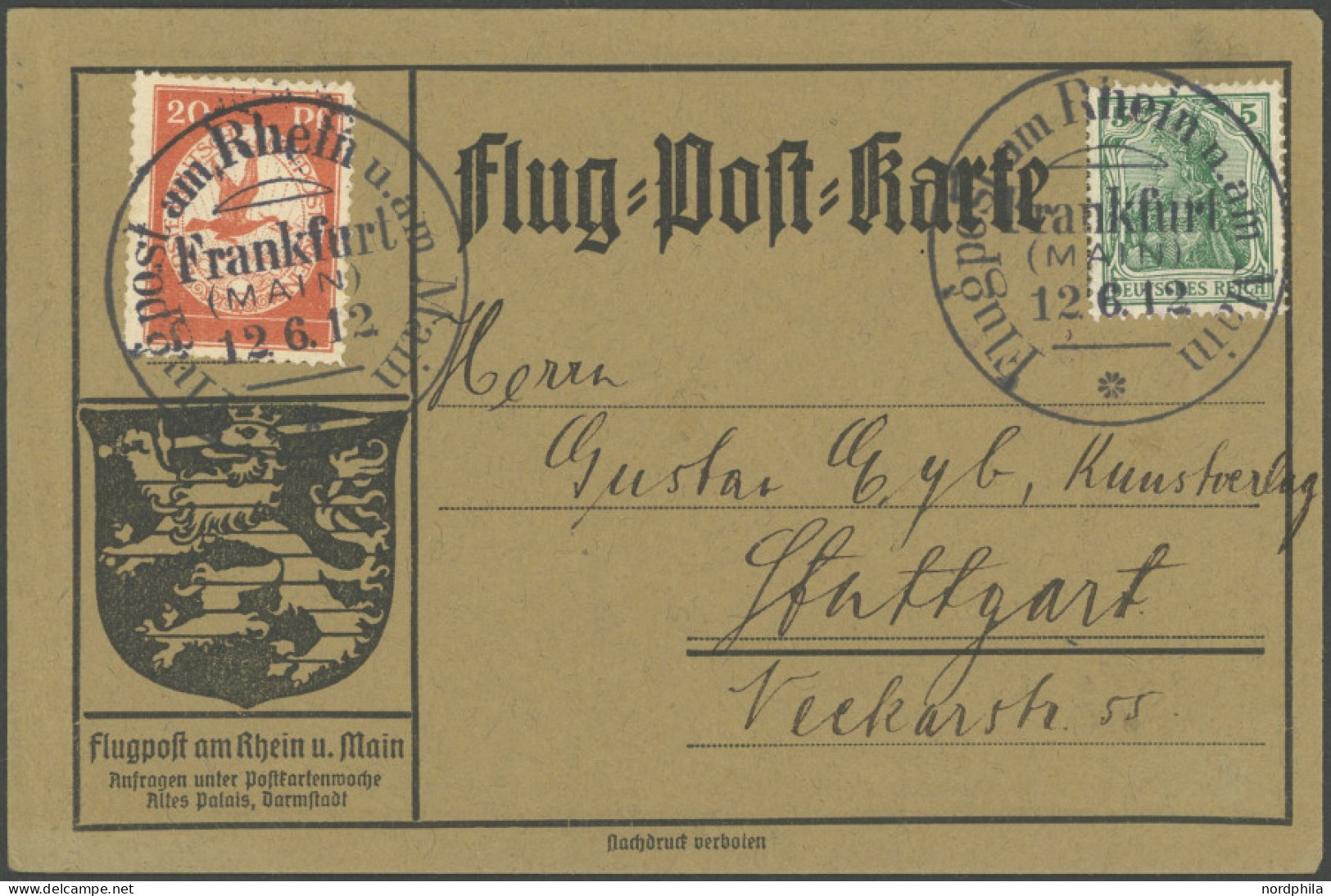 ZEPPELINPOST 11FR BRIEF, 1912, 20 Pf. Flp. Am Rhein Und Main Mit 5 Pf. Zusatzfrankatur Auf Flugpostkarte, Sonderstempel  - Luft- Und Zeppelinpost