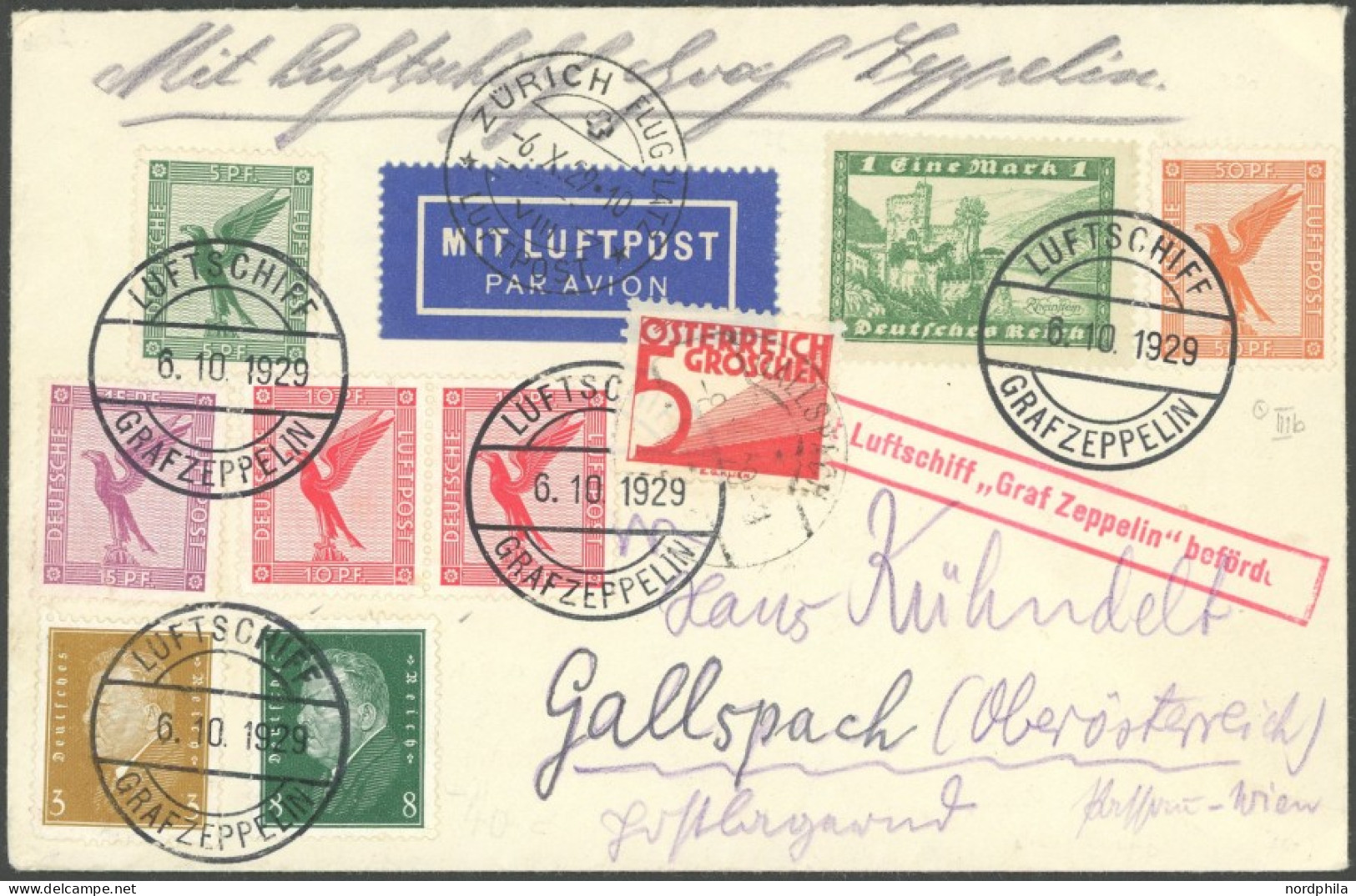 ZEPPELINPOST 40B BRIEF, 1929, 5. Schweizfahrt, Bordpost, Abwurf Zürich-Flugplatz, Prachtbrief Nach Gallspach (Oberösterr - Correo Aéreo & Zeppelin