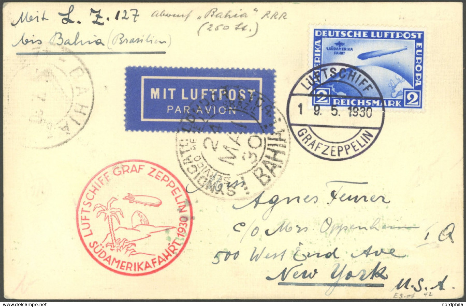 ZEPPELINPOST 57D BRIEF, 1930, Südamerikafahrt, Bordpost, Friedrichshafen-Bahia, Prachtkarte - Airmail & Zeppelin