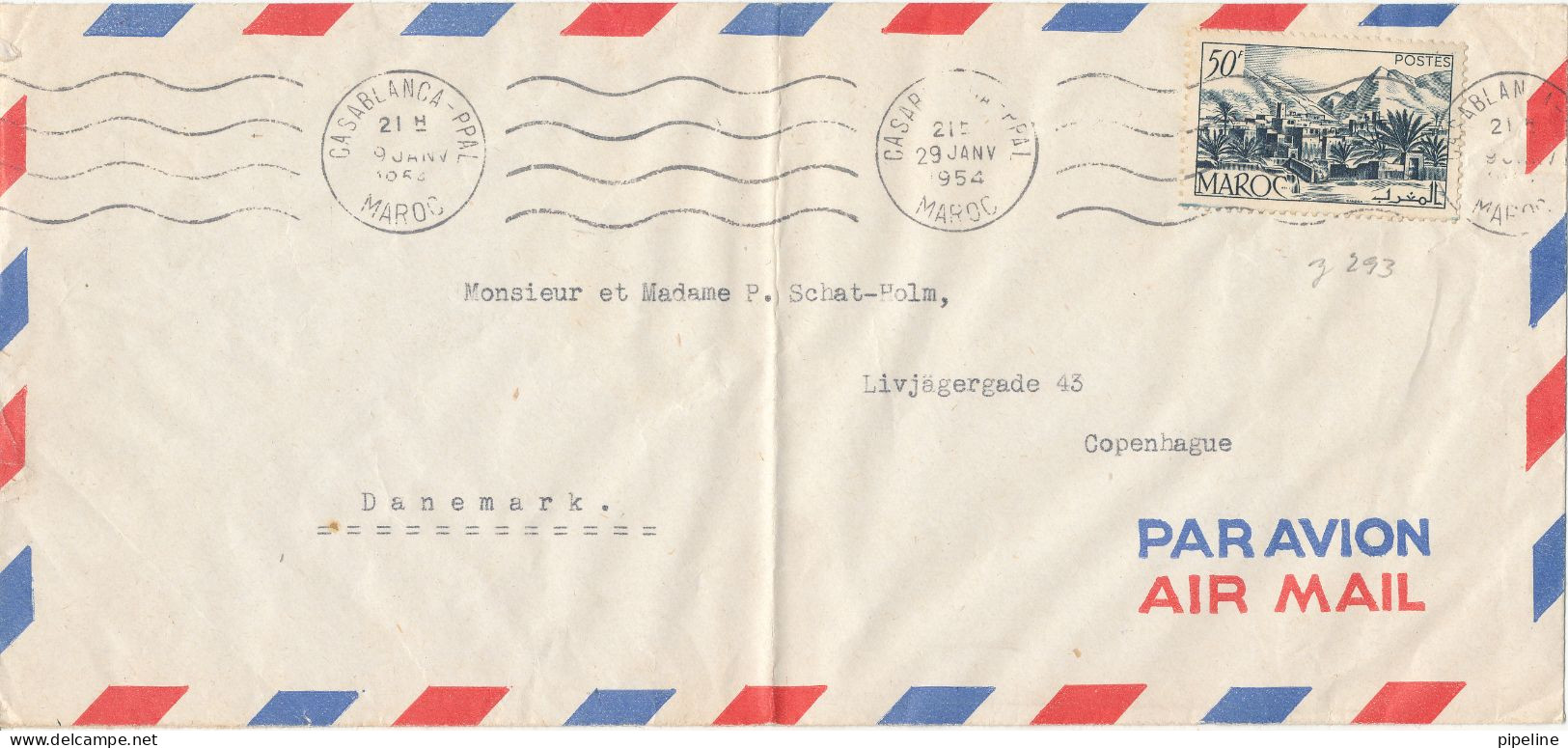 Morocco Air Mail Cover Sent To Denmark 29-1-1954 Single Franked Folded Cover - Aéreo