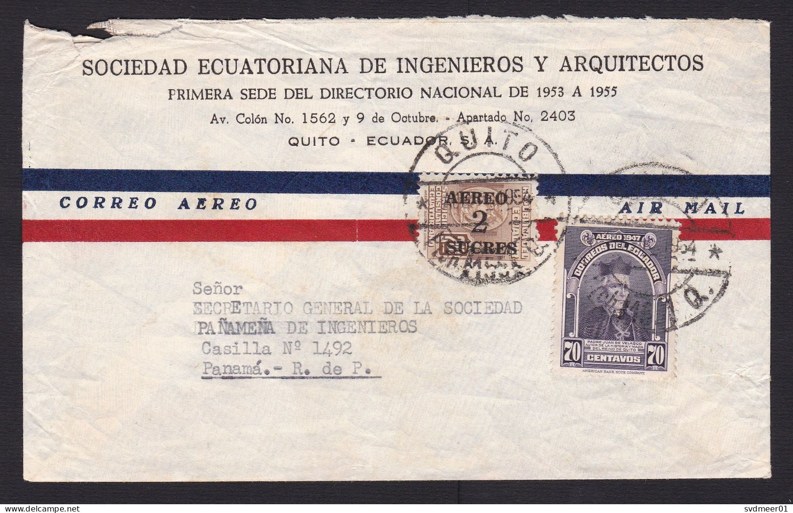 Ecuador: Airmail Cover To Panama, 1954, 2 Stamps, Value Overprint, Cancel Received In This Condition (minor Damage) - Ecuador
