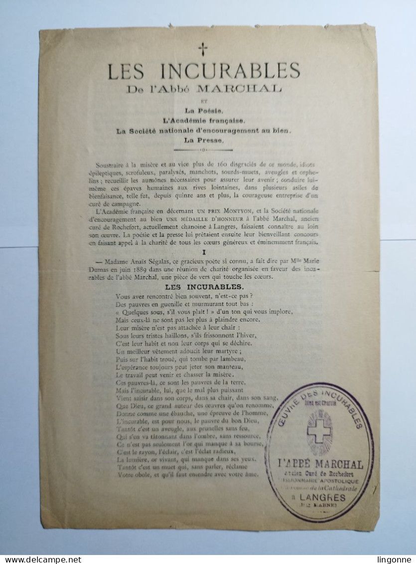 OEUVRE DES INCURABLES De L'Abbé MARCHAL Chanoine De La Cathédrale à LANGRES (Haute-Marne 52) Ancien Curé De ROCHEFORT - Religion &  Esoterik