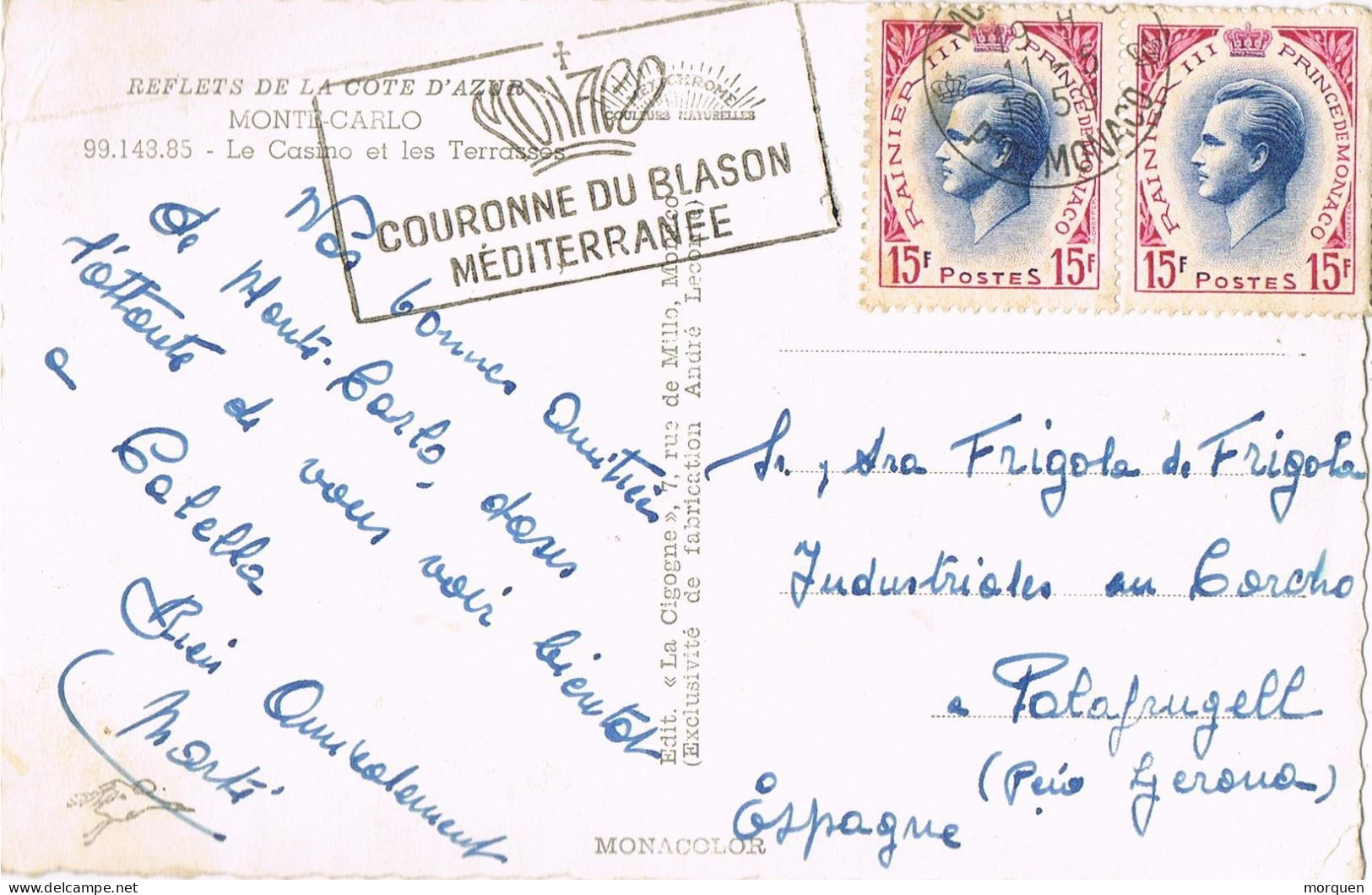 54867. Postal MONTECARLO (Monaco) 1959. Flamme Coronne Du Blason Mediterranee. Vista CASINO - Lettres & Documents