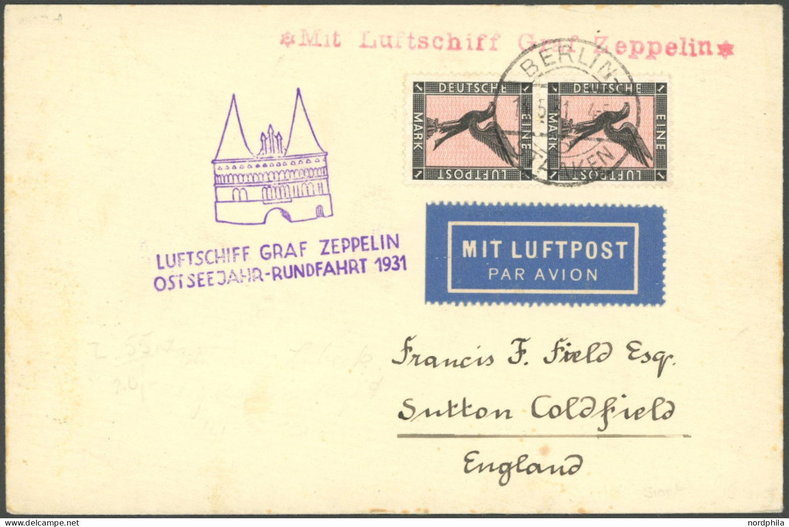ZEPPELINPOST 108Bd BRIEF, 1931, Ostseejahr-Rundfahrt, Berlin-Lübeck, Nach England, Prachtbrief - Luchtpost & Zeppelin