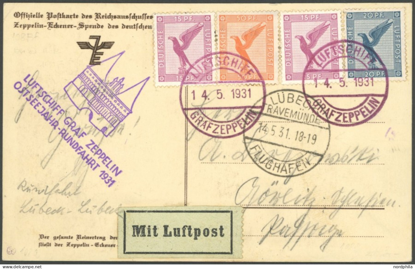 ZEPPELINPOST 108Bf BRIEF, 1931, Ostseejahr-Rundfahrt, Lübeck Rundfahrt, Prachtkarte - Correo Aéreo & Zeppelin