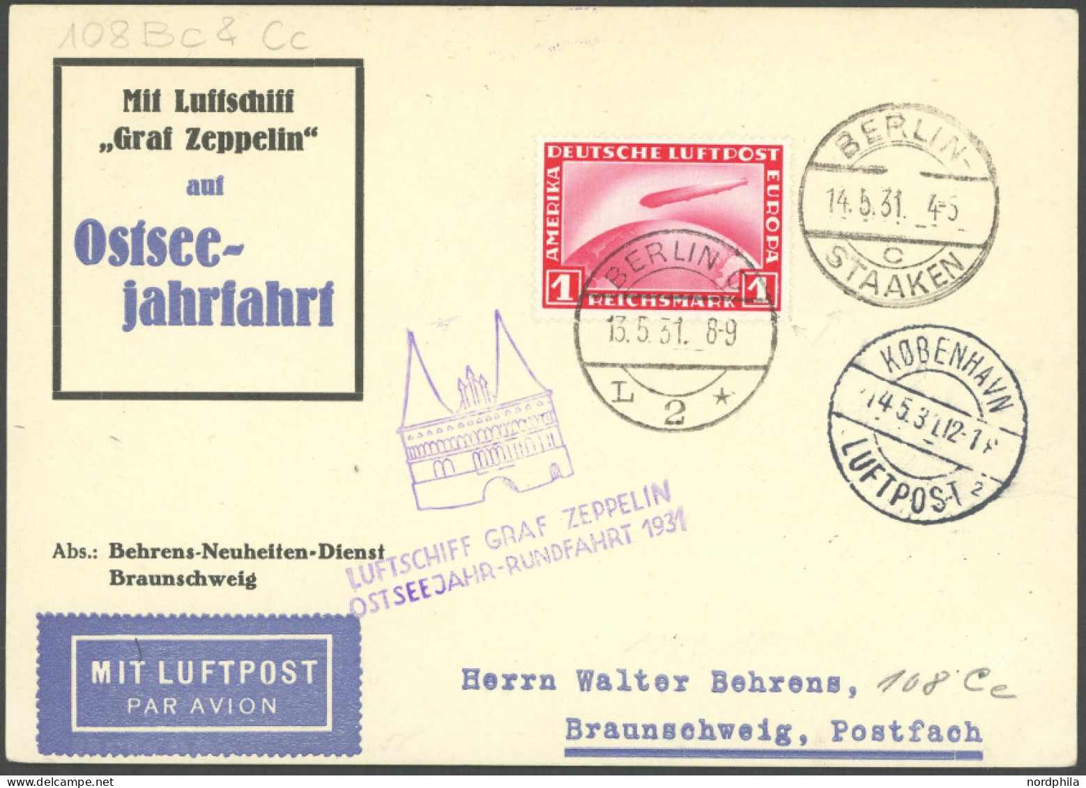 ZEPPELINPOST 108Cc BRIEF, 1931, Ostseejahr-Rundfahrt, Abwurf Kopenhagen, Auflieferung Berlin, Prachtkarte - Airmail & Zeppelin