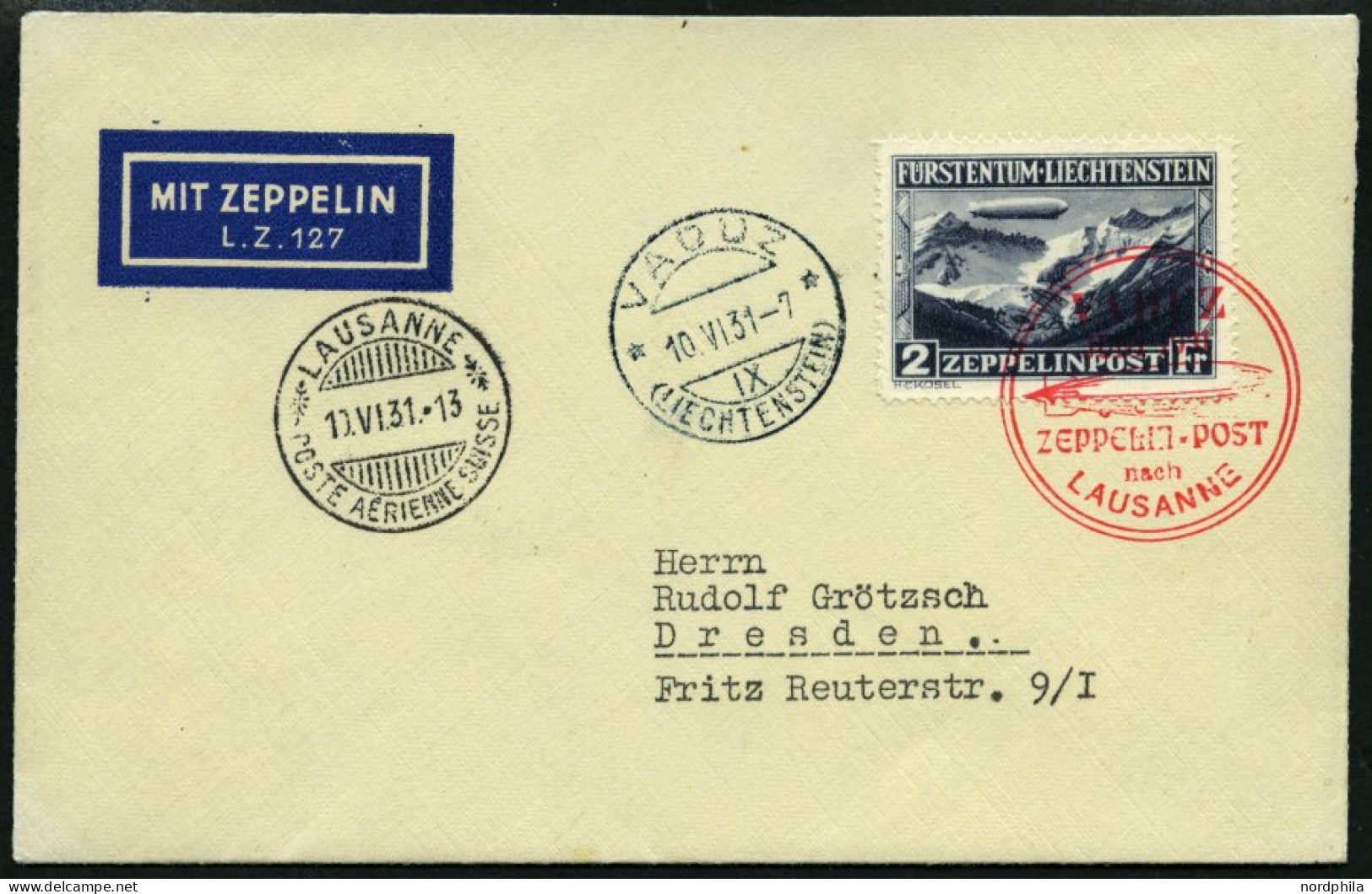 ZEPPELINPOST 110Gb BRIEF, 1931, Fahrt Nach Vaduz, Prachtbrief Mit Eingedrucktem Zeppelin-Etikett - Zeppelin