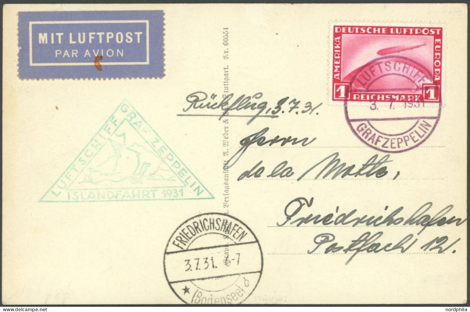 ZEPPELINPOST 113C BRIEF, 1931, Islandfahrt, Bordpost Der Rückfahrt, Ankunftsstempel Friedrichshafen, Prachtkarte - Poste Aérienne & Zeppelin