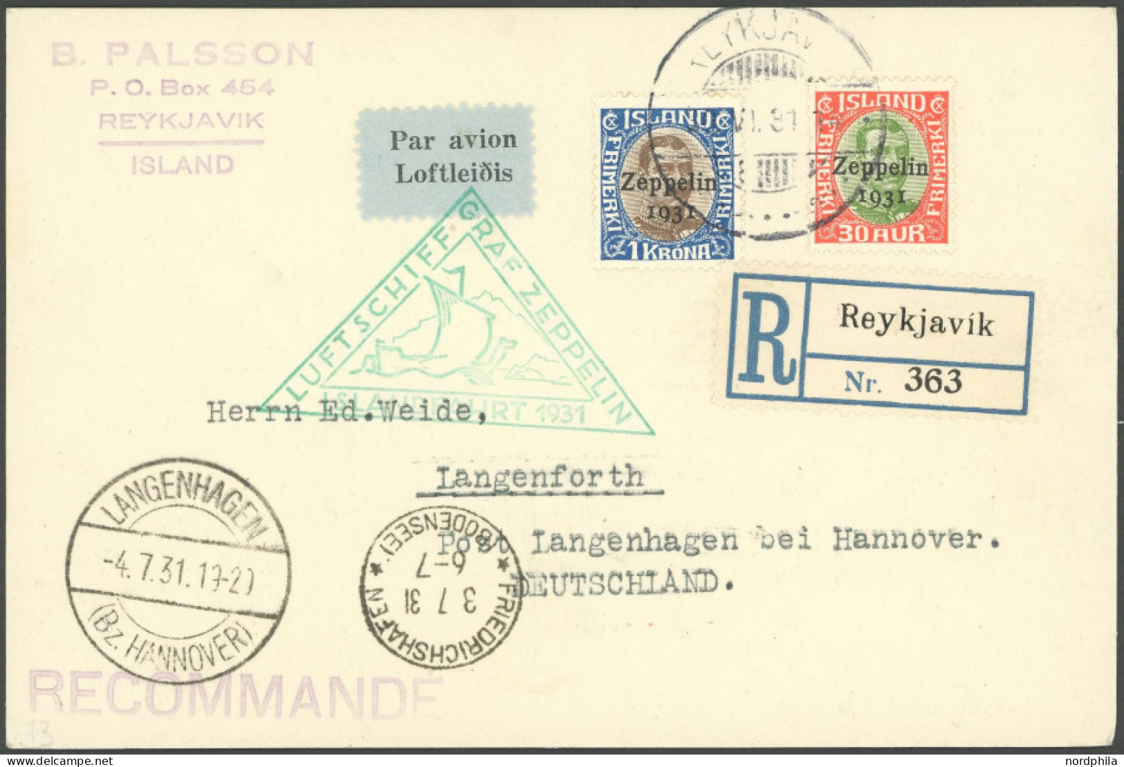 ZEPPELINPOST 114B BRIEF, 1931, Islandfahrt, Isländische Post, Einschreibkarte, Pracht - Luft- Und Zeppelinpost