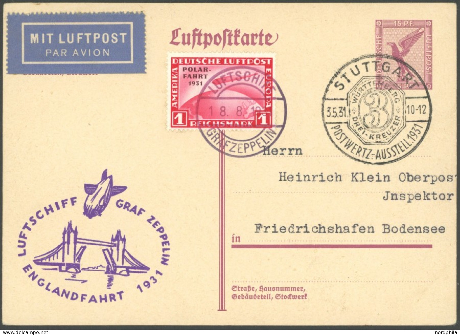 ZEPPELINPOST 122Ab BRIEF, 1931, Englandfahrt, Bordpost, Frankiert Mit 1 RM Polarfahrt Auf 15 Pf. Adler-Ganzsachenkarte,  - Airmail & Zeppelin