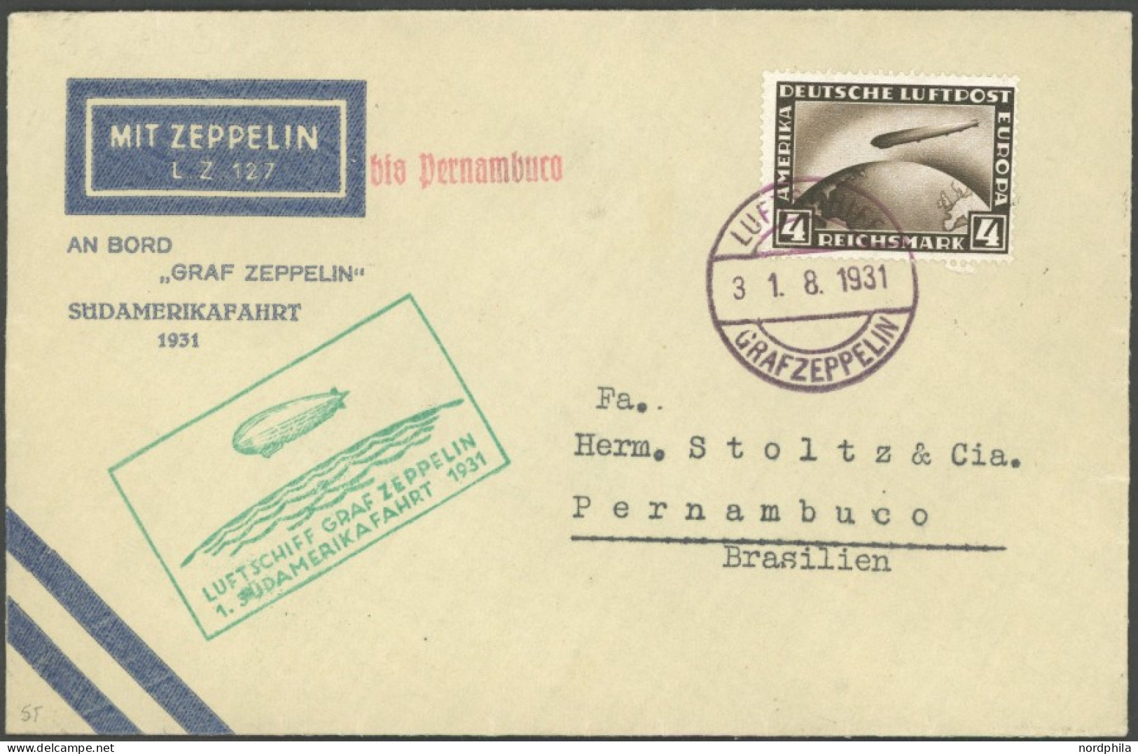 ZEPPELINPOST 124Bb BRIEF, 1931, 1. Südamerikafahrt, Bis Pernambuco, Bordpost, Prachtbrief - Airmail & Zeppelin