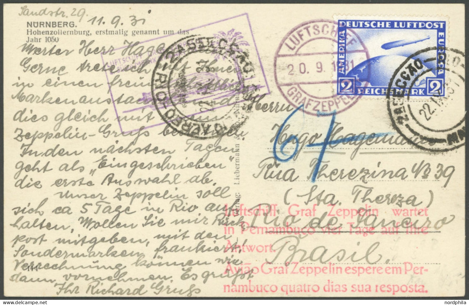 ZEPPELINPOST 129Bb BRIEF, 1931, 2. Südamerikafahrt, Bordpost Bis Brasilien, Bedarfs-Ansichtskarte Nach Brasilien, Pracht - Correo Aéreo & Zeppelin