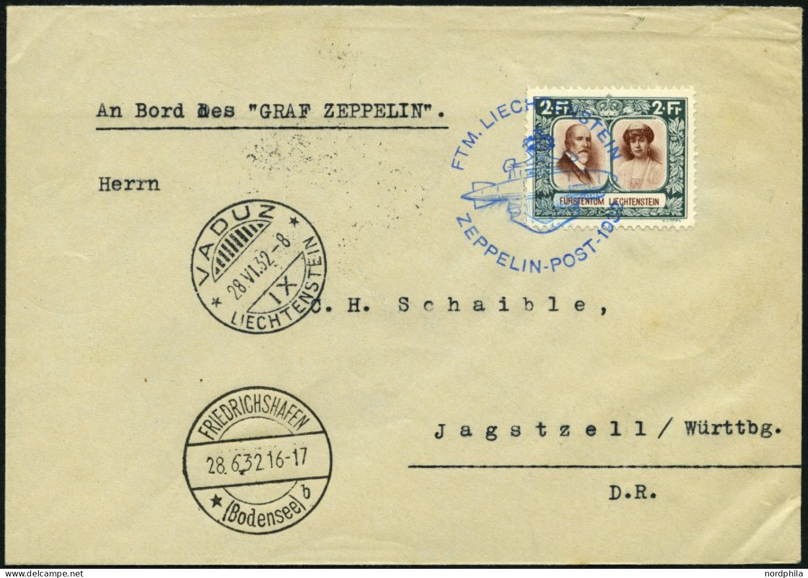 ZEPPELINPOST 167 BRIEF, 1932, Schweizfahrt, Auflieferung Vaduz, Mit Einzelfrankatur Nr. 107C, Prachtbrief - Zeppelins