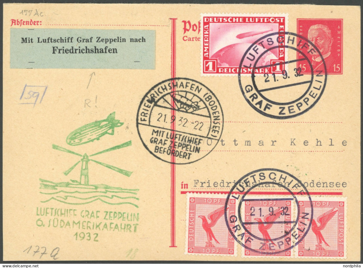 ZEPPELINPOST 177Ac BRIEF, 1932, 6. Südamerikafahrt, Bordpost Der Rückfahrt Mit Speziellem Beförderungszettel, Rückseitig - Luft- Und Zeppelinpost