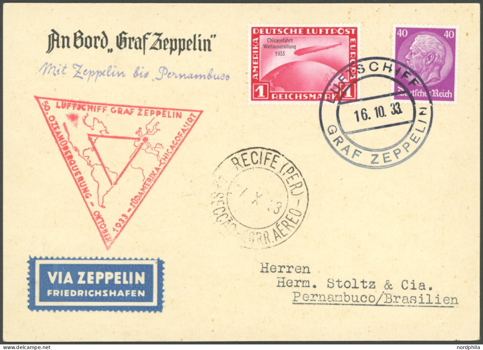 ZEPPELINPOST 238m BRIEF, 1933, Chicagofahrt, Europa-Recife, Bordpost, Prachtkarte - Posta Aerea & Zeppelin