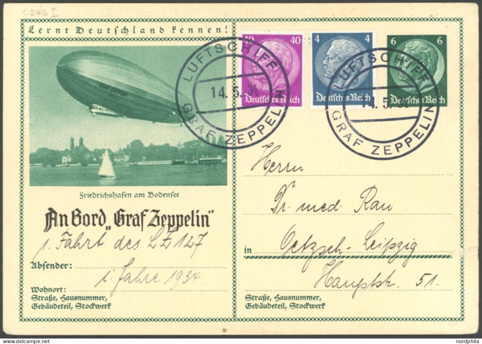 ZEPPELINPOST 0246I BRIEF, 1934, Werkstättenfahrt, Bordpost, Karte Feinst (rechts Eingerissen) - Posta Aerea & Zeppelin