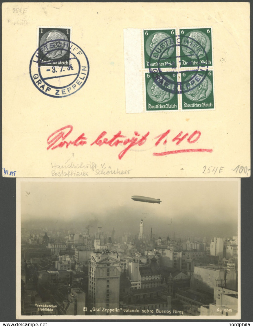 ZEPPELINPOST 254E BRIEF, 1934, Argentinienfahrt, Bordpost Der Rückfahrt, Karte Stärkere Gebrauchsspuren - Luft- Und Zeppelinpost