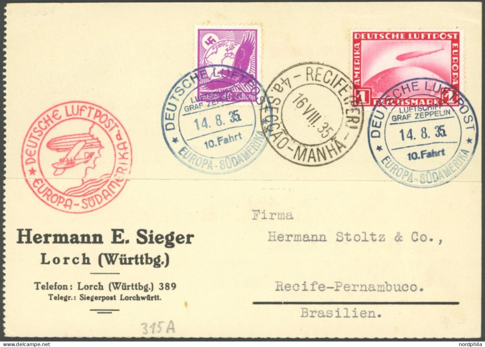 ZEPPELINPOST 315A BRIEF, 1935, 10. Südamerikafahrt, Bordpost, Prachtkarte - Airmail & Zeppelin