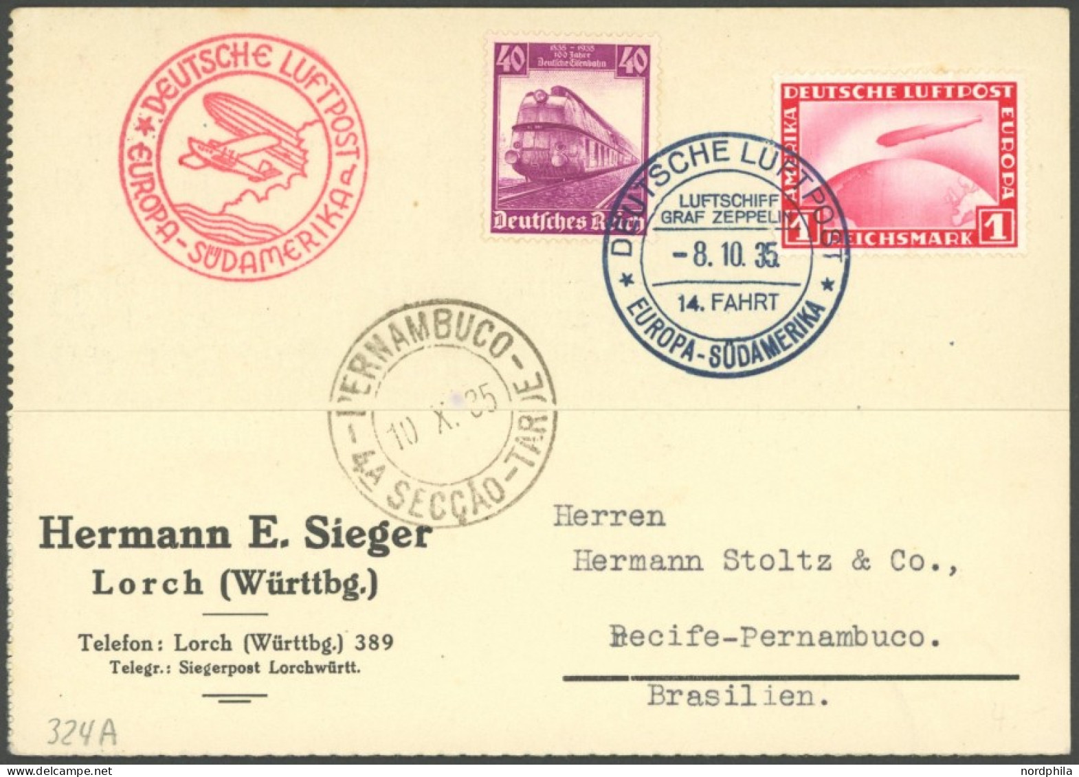 ZEPPELINPOST 324A BRIEF, 1935, 14. Südamerikafahrt, Bordpost, Prachtkarte - Airmail & Zeppelin