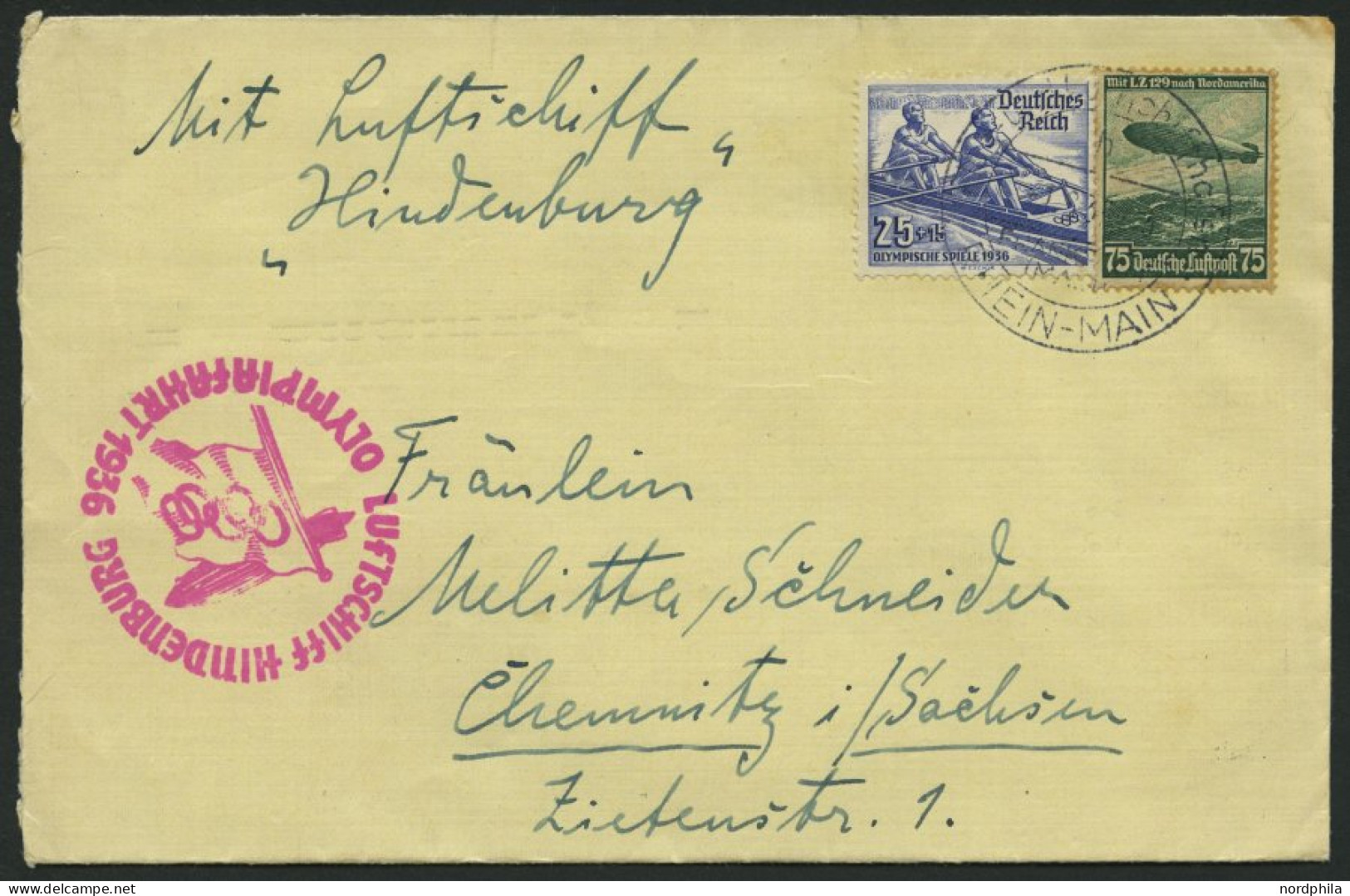 ZEPPELINPOST 427Ba BRIEF, 1936, Olympiafahrt, Auflieferung Rhein-Main-Flughafen (Buchstabe H), Frankiert Mit Olympia-Mar - Zeppelin