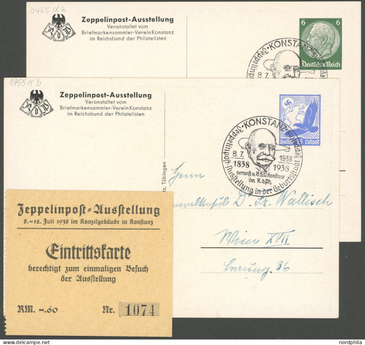 ZEPPELINPOST 0455IXa,IXb BRIEF, 1938, Sonderstempel KONSTANZ Zeppelin-Post-Ausstellung, 2 Privatganzsachen: 6 Pf. Hinden - Correo Aéreo & Zeppelin