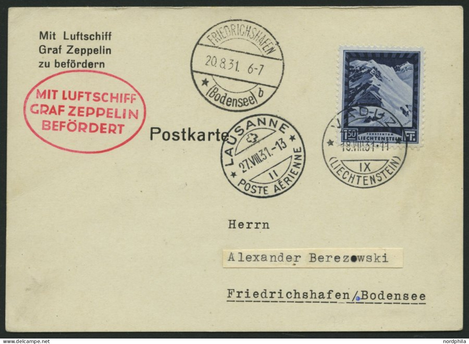 ZULEITUNGSPOST 123 BRIEF, Liechtenstein: 1931, Fahrt Nach Lausanne, Mit Einzelfrankatur Mi.Nr. 106A, Prachtkarte - Zeppelins
