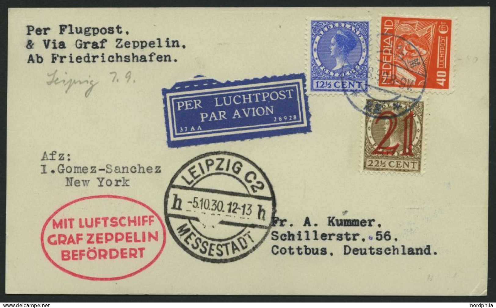 ZULEITUNGSPOST 91 BRIEF, Niederlande: 1930, Fahrt Nach Leipzig, Prachtkarte - Zeppelin