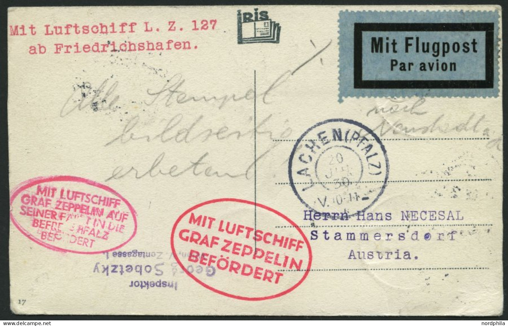 ZULEITUNGSPOST 75 BRIEF, Österreich: 1930, Pfalzfahrt, Frankatur Vorderseitig, Karte Feinst - Zeppelin