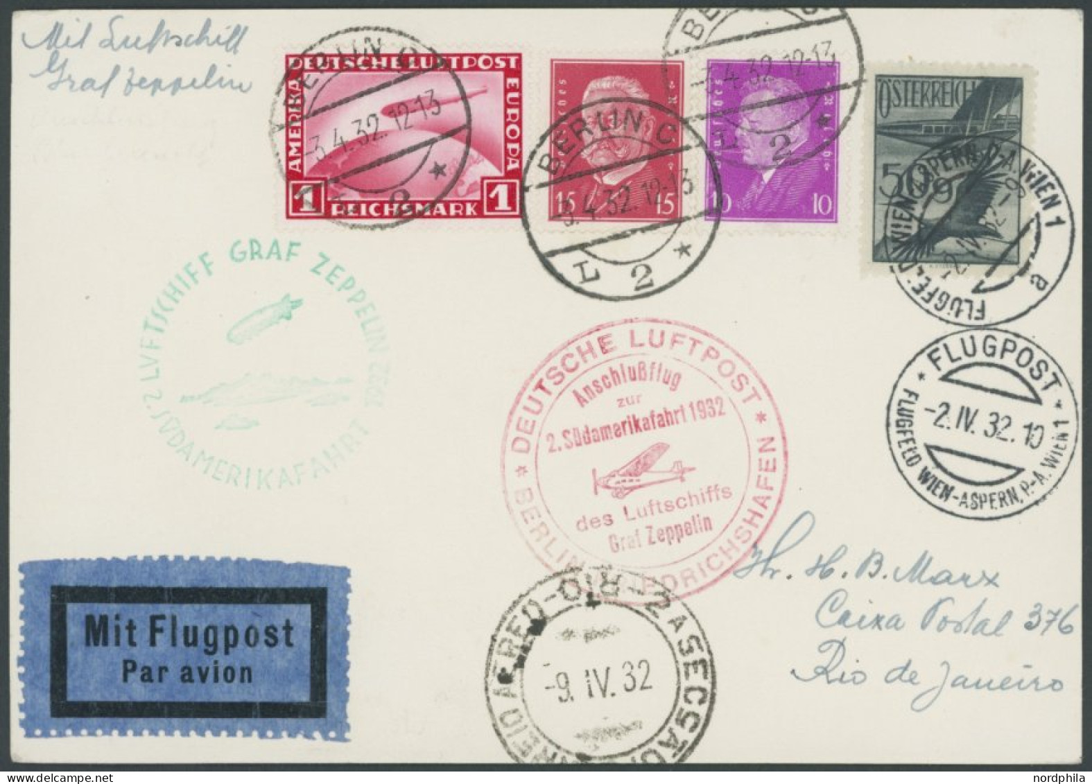 ZULEITUNGSPOST 143 BRIEF, Österreich: 1932, 2. Südamerikafahrt, Anschlussflug Ab Berlin, Prachtkarte, R! - Airmail & Zeppelin