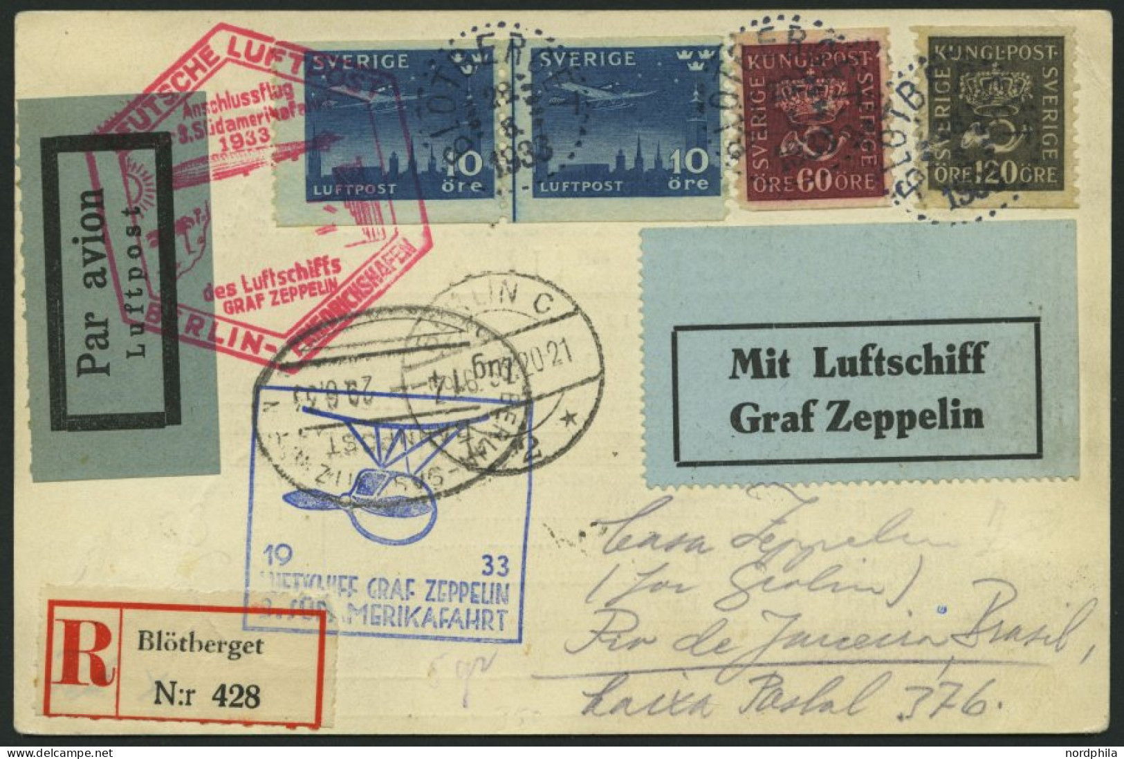ZULEITUNGSPOST 219B BRIEF, Schweden: 1933, 3. Südamerikafahrt, Anschlußflug Ab Berlin, Einschreibkarte, Pracht - Zeppelines