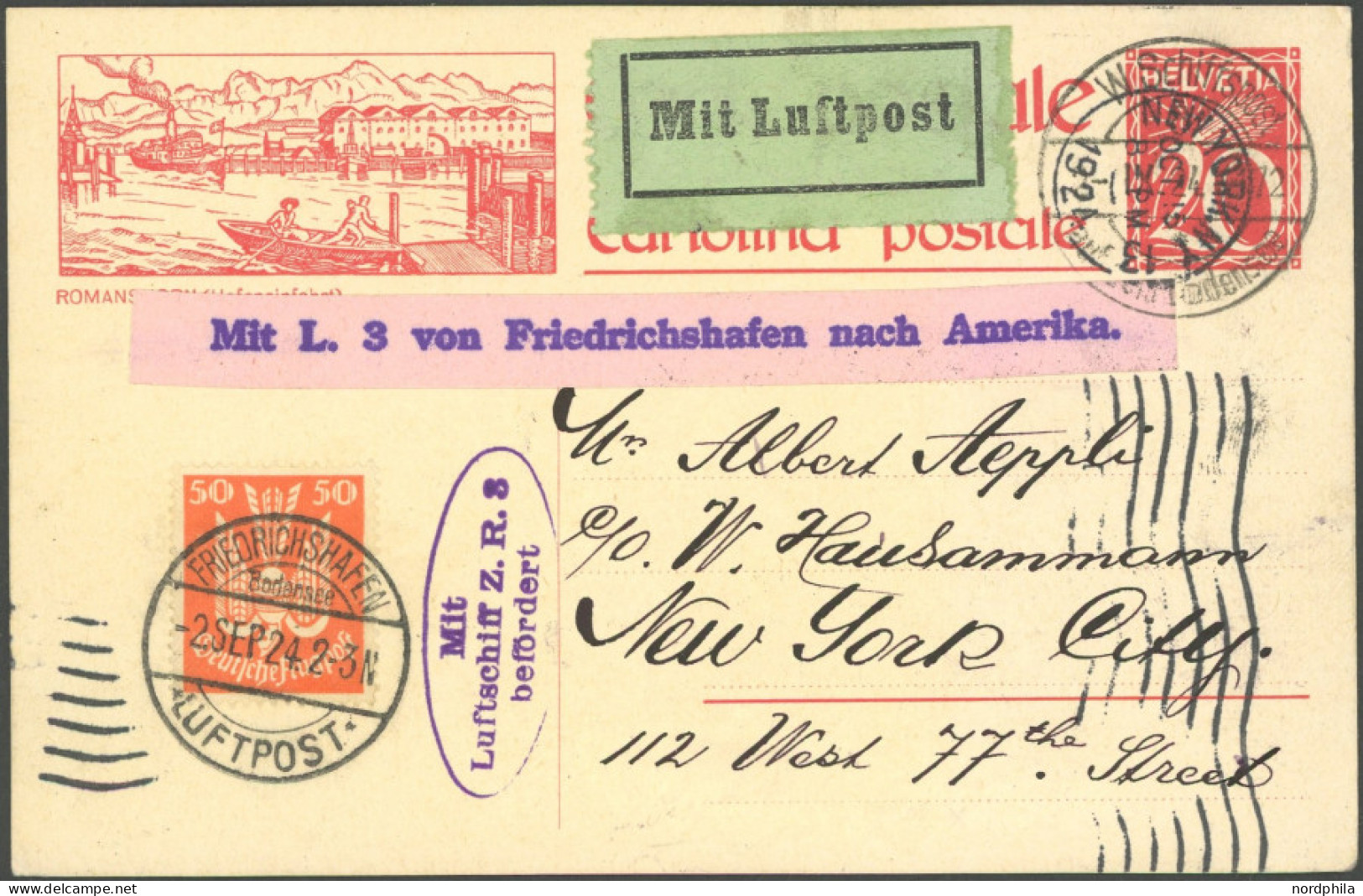 ZULEITUNGSPOST 20 BRIEF, Schweiz: L.Z. R.3, Amerikafahrt, Aufgabe Als Bodensee Schiffspost, Prachtkarte, R! - Correo Aéreo & Zeppelin