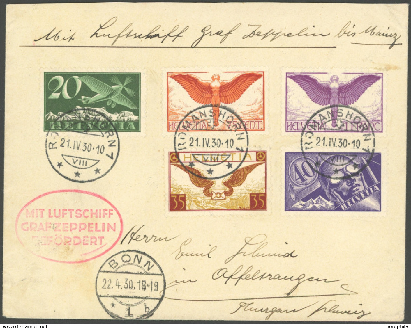 ZULEITUNGSPOST 54 BRIEF, Schweiz: 1930, Landungsfahrt Nach Bonn, Prachtbrief - Posta Aerea & Zeppelin