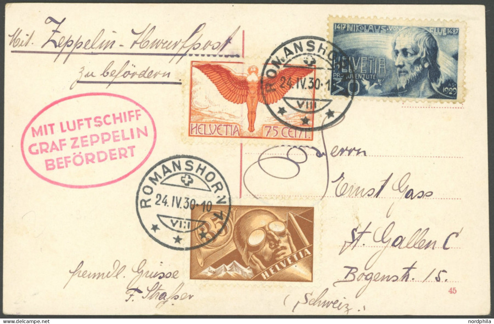 ZULEITUNGSPOST 55 BRIEF, Schweiz: 1930, Englandfahrt, Ohne Ankunftsstempel, Prachtkarte (Fliegertage In Herisau) - Posta Aerea & Zeppelin